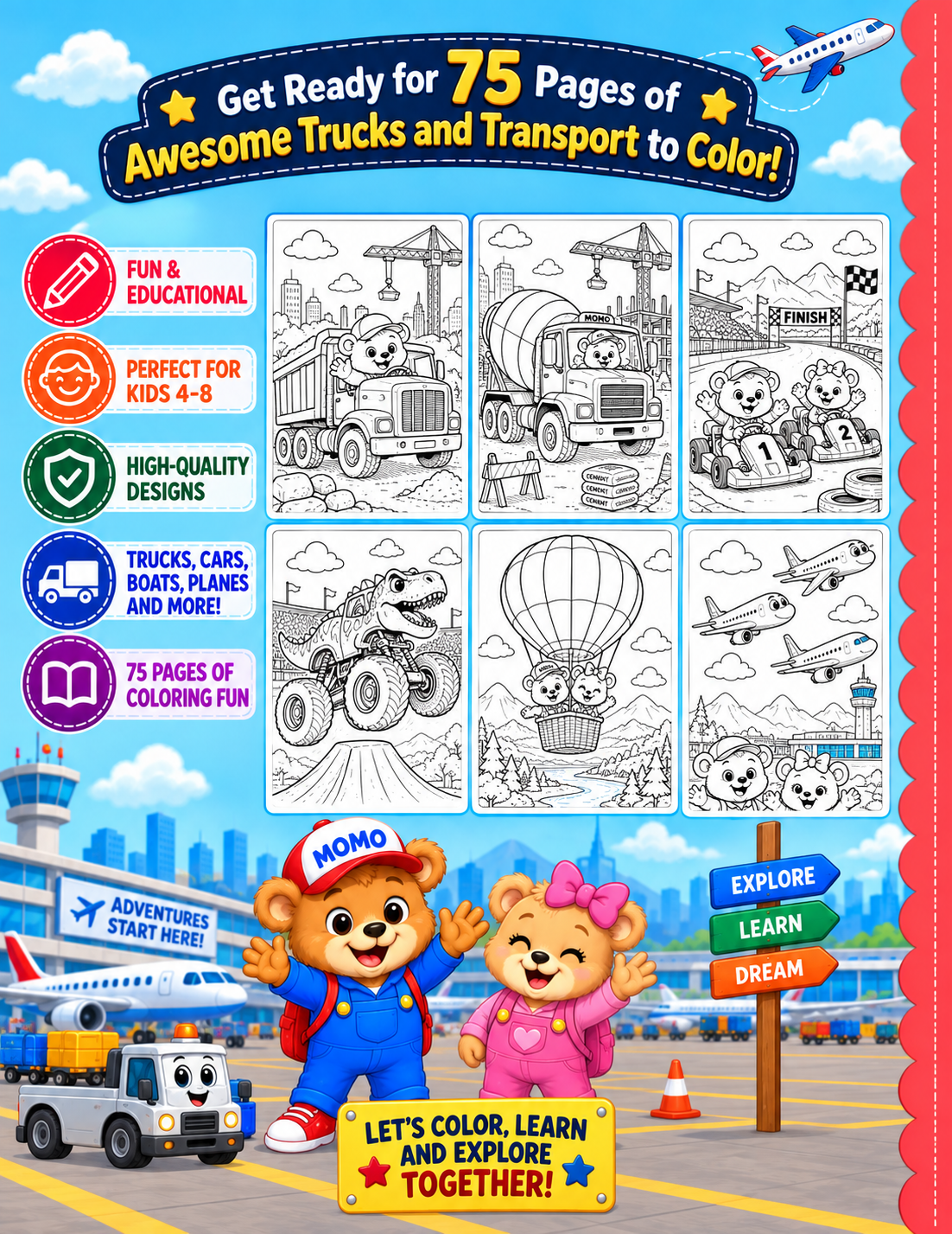 Trucks and Transport Coloring Book - Digital Coloring Book for 4-8 years